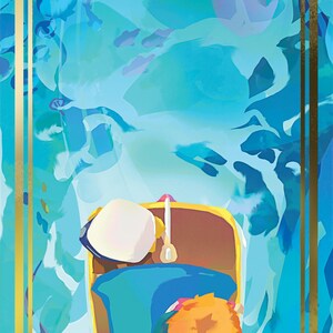 May include: A yellow boat with a brown wooden seat and a white hat in the front. The boat is floating on a blue and green water surface with a gold frame around the image.