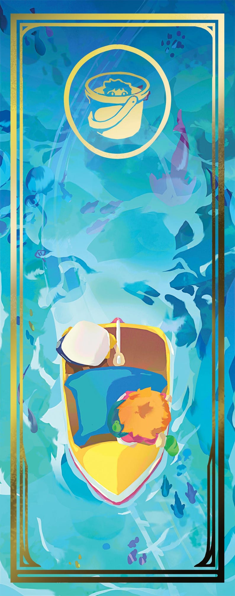 May include: A yellow boat with a brown wooden seat and a white hat in the front. The boat is floating on a blue and green water surface with a gold frame around the image.