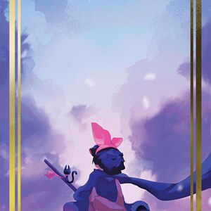 May include: A purple and blue sky with a gold frame and a gold cat head icon. A person with a pink bow on their head is flying on a broom with a black cat in front of them. The person is wearing a blue cloak and a pink bag. The person is flying over a city with lights.