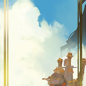 May include: A whimsical illustration of a flying house with a golden frame and a blue sky with white clouds. A small figure stands in a field of green grass with yellow flowers.