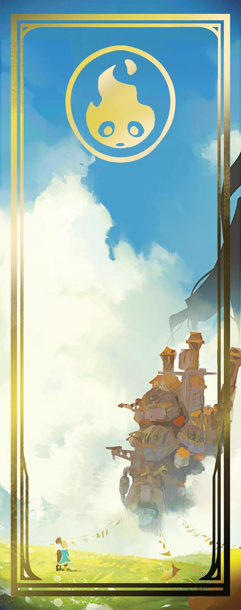 May include: A whimsical illustration of a flying house with a golden frame and a blue sky with white clouds. A small figure stands in a field of green grass with yellow flowers.