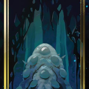 May include: A digital illustration of a fantasy creature with a blue-grey body and multiple eyes, standing in a dark cave with a glowing blue background. A small figure stands in front of the creature, and a golden frame surrounds the image.