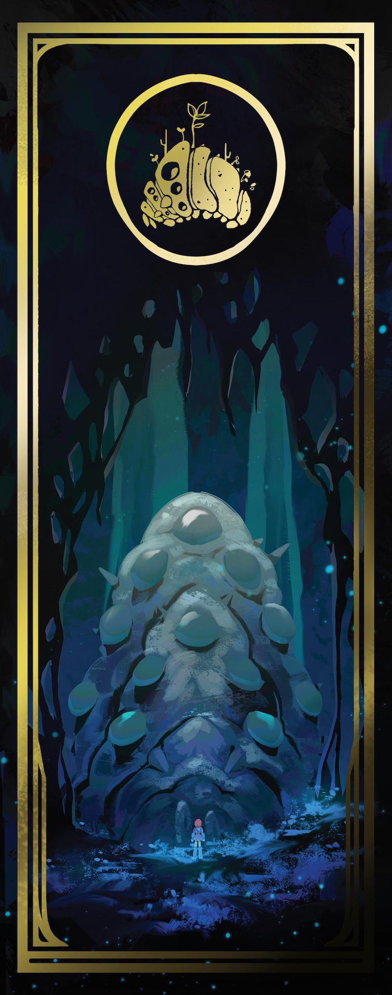 May include: A digital illustration of a fantasy creature with a blue-grey body and multiple eyes, standing in a dark cave with a glowing blue background. A small figure stands in front of the creature, and a golden frame surrounds the image.
