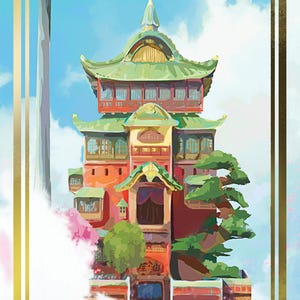 May include: A stylized illustration of a Japanese-style building with a gold frame and a blue circle with a stylized face in the upper left corner. The building is surrounded by clouds and has a red bridge leading to the entrance.