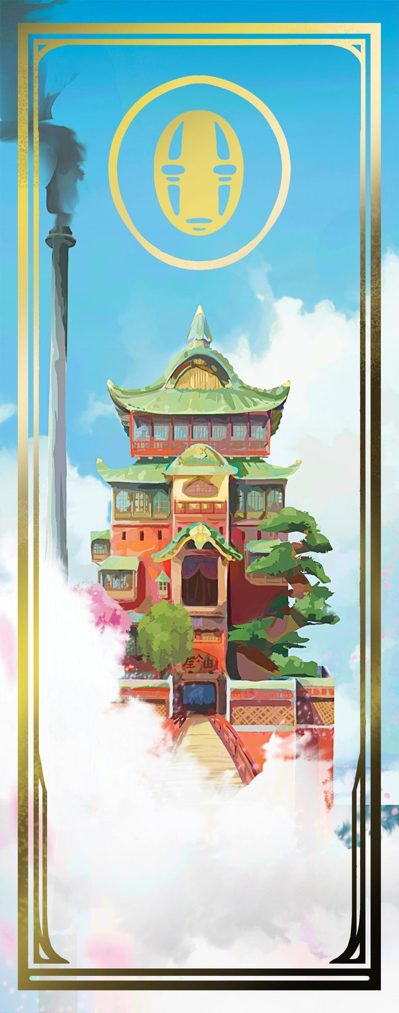 May include: A stylized illustration of a Japanese-style building with a gold frame and a blue circle with a stylized face in the upper left corner. The building is surrounded by clouds and has a red bridge leading to the entrance.