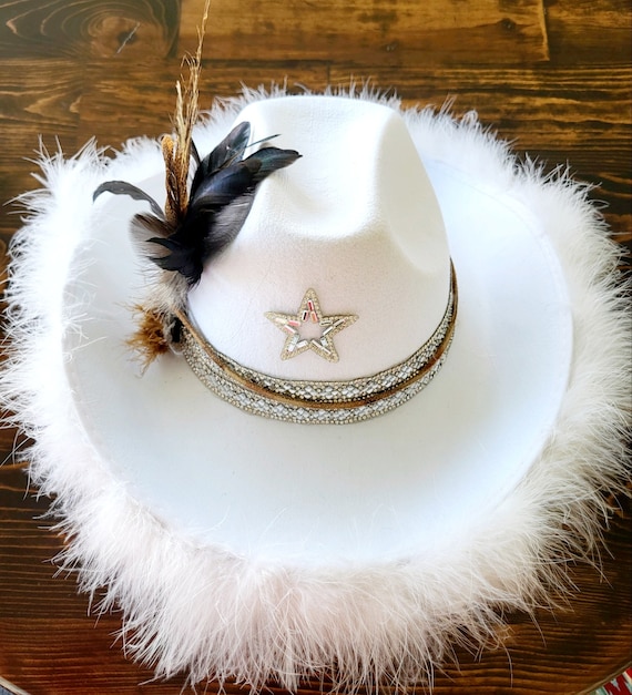 Faux Fur Trim Cowboy Hay Western Cowboy Hat and Bandana Set Fluffy Feather Brim  main image 2