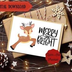 Printable Card - Merry and Bright Reindeer- Instant Download 7X5 inch Christmas Card Reindeer Card