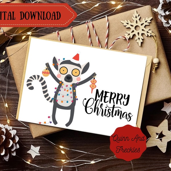 Afdrukbare kaart - Merry Christmas Lemur-Instant Download 7X5 inch kerstkaart Lemur Card