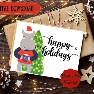 Printable Card - Happy Holidays Hippo- Instant Download 7X5 inch Christmas Card Hippo Card