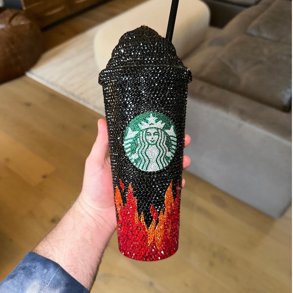 Bling Flame Starbucks Cup 12 16 24 Oz Double Walled Tumbler with Straw Perfect Gift Ideas for Coffee Tea Lovers Handmade and Unique Design