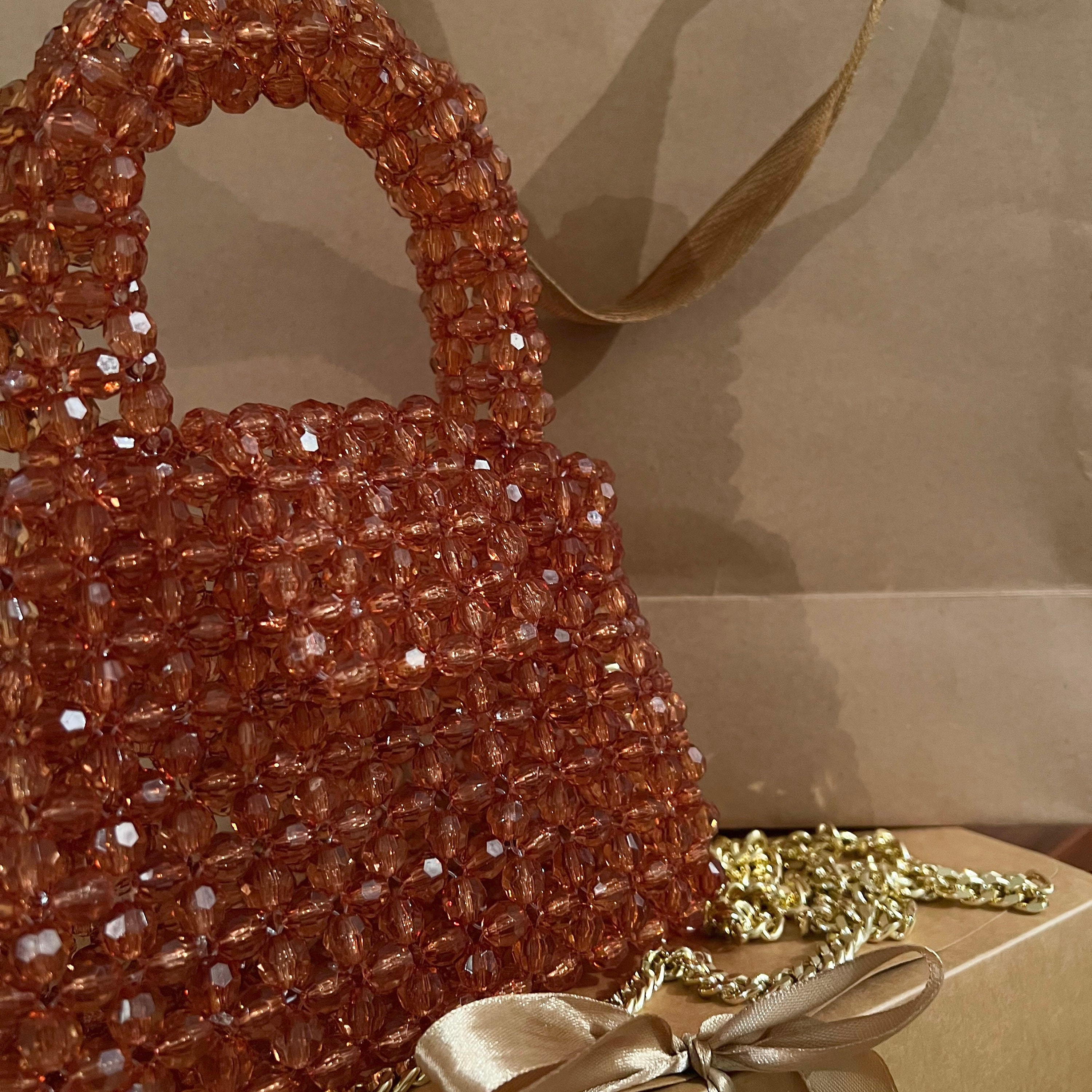 Rose Gold Crystal Bead Bag Shoulder Beads Bag Acrylic Beaded Bag Luxury Party Purse Bridal Bag Women Handbags Gift For Her