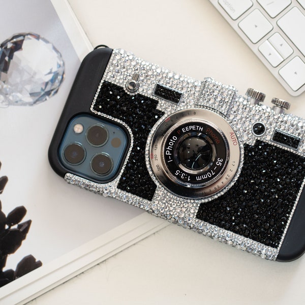 Blinged Emily in Paris iPhone 13 14 15 Pro Max Case 3D Retro Vintage Camera Phone Case for Galaxy S22 S23 Ultra Plus with a Crossbody Strap