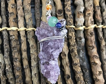 Amethyst cluster with stone bead accents wrapped in Sterling Silver Wire