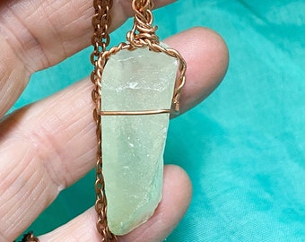 Green calcite pendant on copper color chain, 2 inch