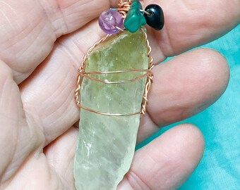 Green calcite pendant with amethyst, black onyx, turquoise and agate beads, 2.25 inch