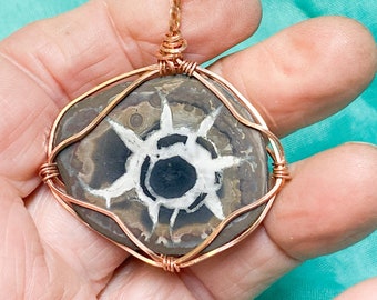 Septarian Sun Pendant, small polished half geode, 2 inches