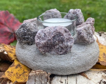 Weatherproof Lepidolite stones in cement candle holder with tealight glass and candle