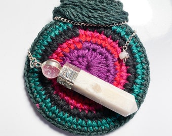 White Agate Pendulum with colorful crocheted pocket pouch