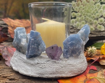 Weatherproof Blue Calcite stone and cement glass tealight candle holder