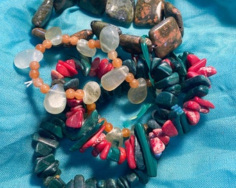 Malachite, malachite/coral, prehinite/carnelian, colorful jasper, stretch bracelets-medium wrist size