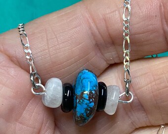 Turquoise, Moonstone, and Onyx bead Necklace on chain