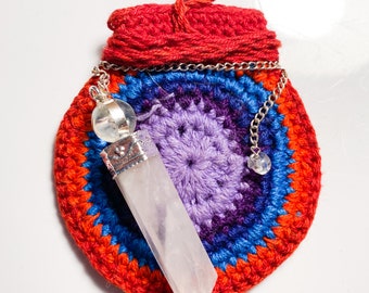 Rose Quartz Pendulum with colorful crocheted pocket pouch