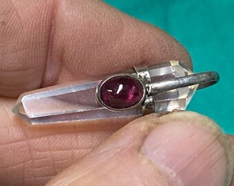 Rubellite Tourmaline cab on Quartz Pendant, Double-point Crystal, Sterling Silver, 1.2inch