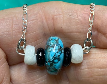 Turquoise, Moonstone, and Onyx bead Necklace on chain