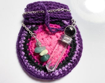 Quartz Pendulum with colorful crocheted pocket pouch
