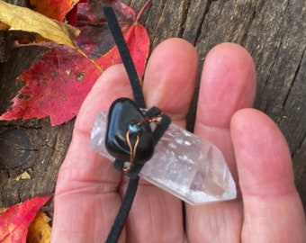 Quartz crystal, black onyx and hematite hand wand - 1 3/4 inch clear quartz crystal with leather wrap