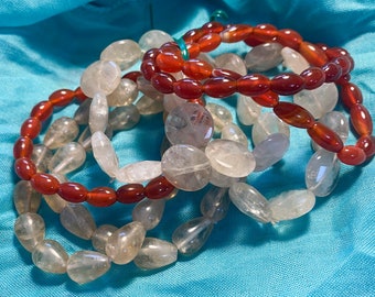 Carnelian, quartz coin, sunshine quartz, stretch bracelets -medium wrist size, your choice