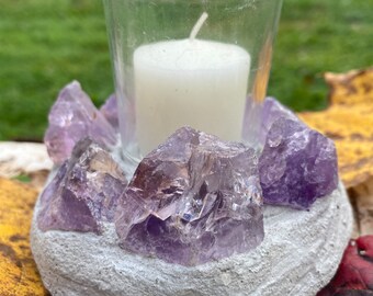 Weatherproof Lilac amethyst cement candle holder with glass tealight holder and candle