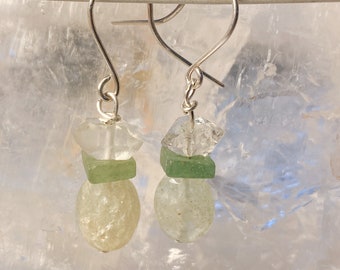 Sea green aquamarine bead with square heishi nephrite jade and double-terminated quartz bead handmade earrings, sterling Silver ear hooks