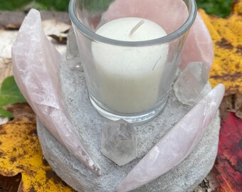 Weatherproof Rose Quartz stones and Brazil Quartz Points cement candle holder with glass votive and candle