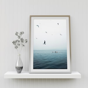 Seagulls and Boat on the Sea, Rowing Wall Art, Rower Gift, Abstract Sport Photography Rowing Poster Boating Canvas Art, Boating Print