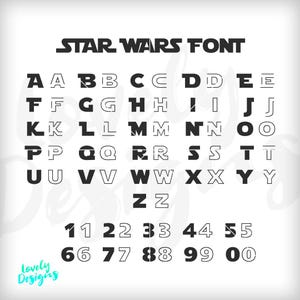May include: A white background displays the words "STAR WARS FONT" above an alphabet and number set. The letters and numbers are in a bold, black, stencil-like font. The lower left corner has the words "Lovely Designs" in a teal script.