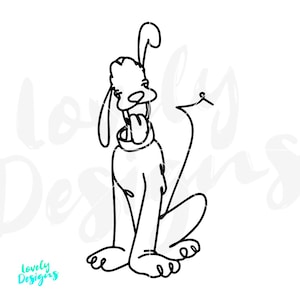 May include: A black and white line drawing of a cartoon dog in a sitting position, with its tongue sticking out. The dog has long ears and a collar. The tail is curved. The image has the words "Lovely Designs" in the bottom left corner.