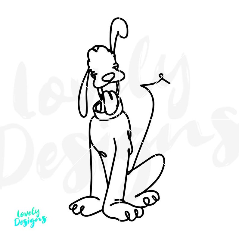 May include: A black and white line drawing of a cartoon dog in a sitting position, with its tongue sticking out. The dog has long ears and a collar. The tail is curved. The image has the words "Lovely Designs" in the bottom left corner.