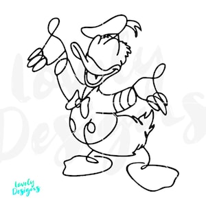 May include: A black line art illustration of Donald Duck in a dynamic pose. The cartoon duck is wearing a sailor hat and bow tie. The image has the words "Lovely Designs" in the bottom left corner.
