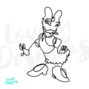 May include: Black line art illustration of Daisy Duck in a dynamic pose. The cartoon character is depicted with a minimalist style, wearing a dress, shoes, and a bow. The image includes the text "Lovely Designs" in the bottom left corner.