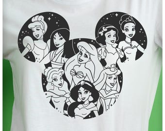 Todas las princesas de Disney SVG, princesas con cabeza de ratón SVG, archivos de corte Svg Cricut, archivo de corte de vinilo, archivos imprimibles Svg Pdf Ai Png
