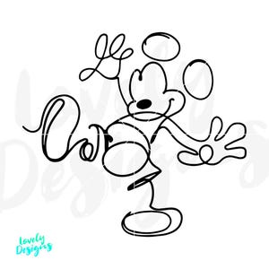 May include: Black line art illustration of Mickey Mouse in a playful pose. The design features a continuous line drawing style, with the word "Lovely" in cursive script. The image is set against a white background.