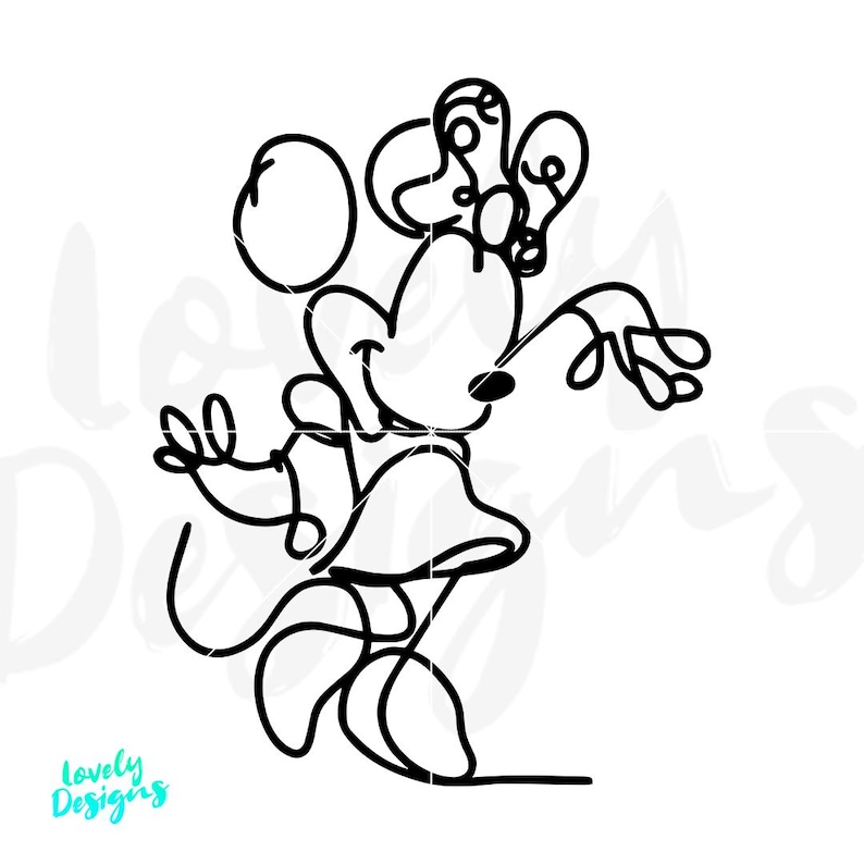 May include: Black and white line art illustration of a cartoon character with large ears, a dress, and a bow. The character is smiling and has its arms outstretched. The words "Lovely Designs" are in the bottom left corner.