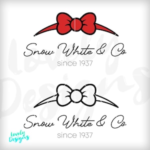 Puede incluir: Diseño de logotipo en blanco y negro para una empresa llamada "Snow White & Co." con el texto "desde 1937" debajo. El logotipo presenta un lazo estilizado con un círculo en el centro. El logotipo se repite dos veces, una vez con un lazo rojo y otra con un lazo blanco.