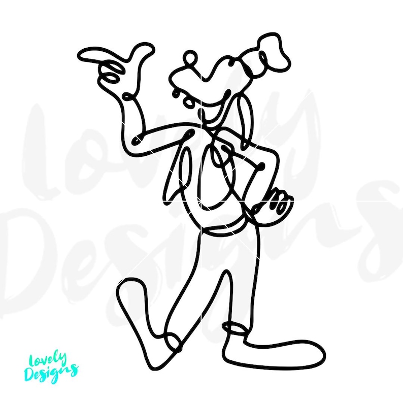 May include: A black line drawing of a cartoon character in a walking pose, with one arm raised and pointing. The character has a dog-like face and is wearing a hat. The words "Lovely Designs" are in the bottom left corner.