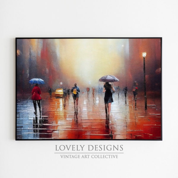 People Walking in Rain, Vintage Landspace Oil Painting, Rustic Nature Painting, Printable Wall Art High Resolution, Tv Art, Print Trendy Art