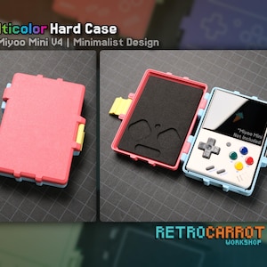 May include: A pink and blue hard case for the Miyoo Mini V4 handheld gaming console. The case is open, revealing a black interior and the console. The text "Miyoo Mini Not Included" is visible. The Retrocarrot Workshop logo is at the bottom.
