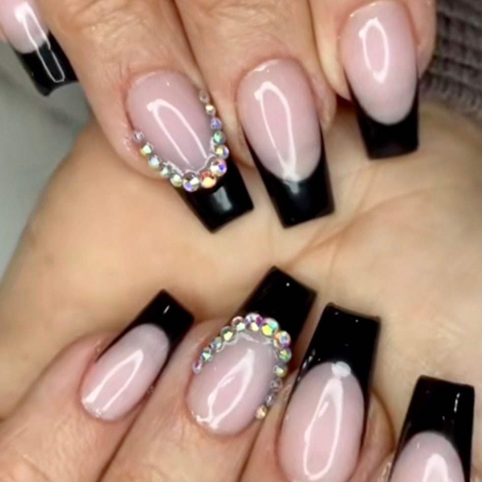 Black French Tip Nails With Crystals / Press on Nails - Etsy