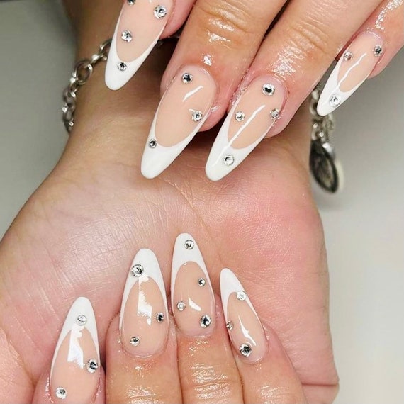 Rhinestone French Tip Press on Nails White or Black - Etsy Rhinestone French Tip Press on Nails White or Black - Etsy