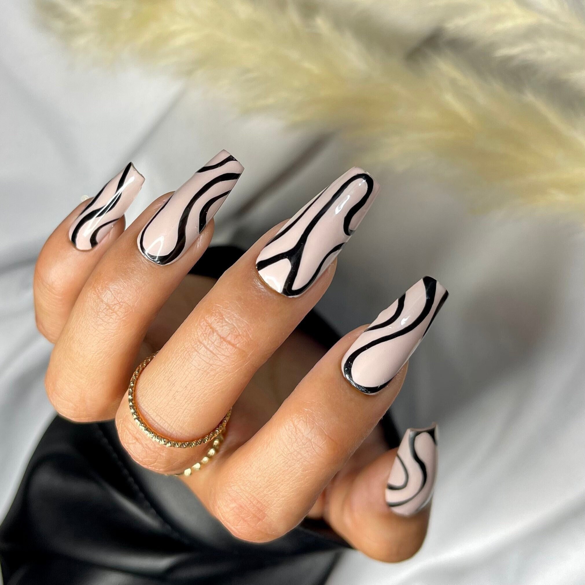 Black Abstract Swirl Press on Nails Luxury Nails - Etsy